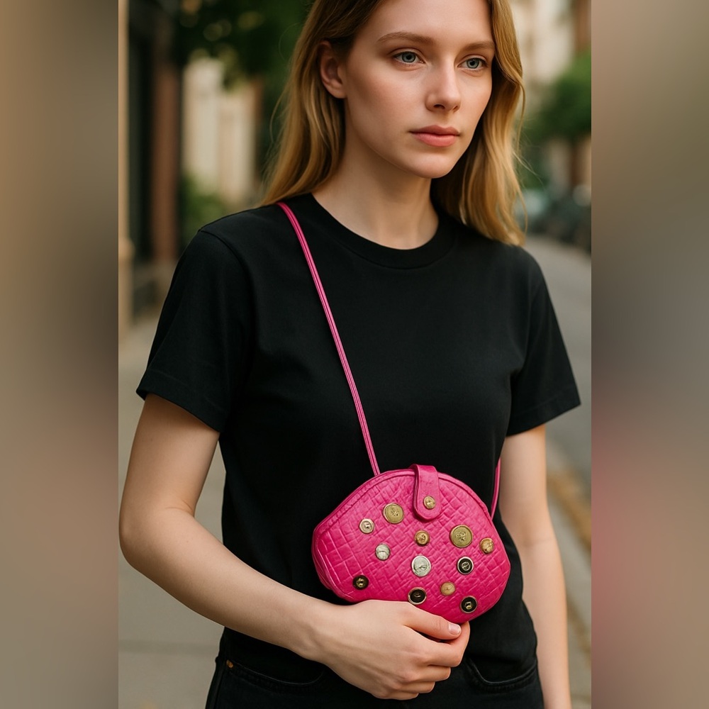 Vintage 80’s leather magenta, crocodile design with coins Women's crossbody bag